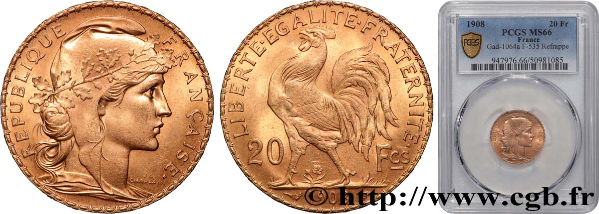 20 francs or Coq, Liberté Égalité Fraternité 1908 Paris F.535/2 ST66 PCGS