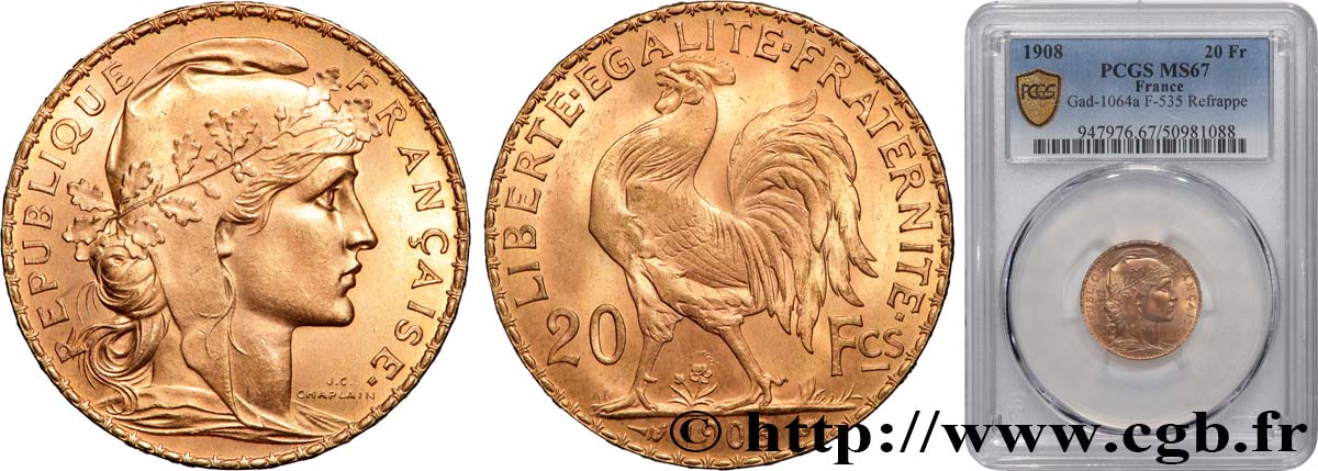 20 francs or Coq, Liberté Égalité Fraternité 1908 Paris F.535/2 MS67 PCGS