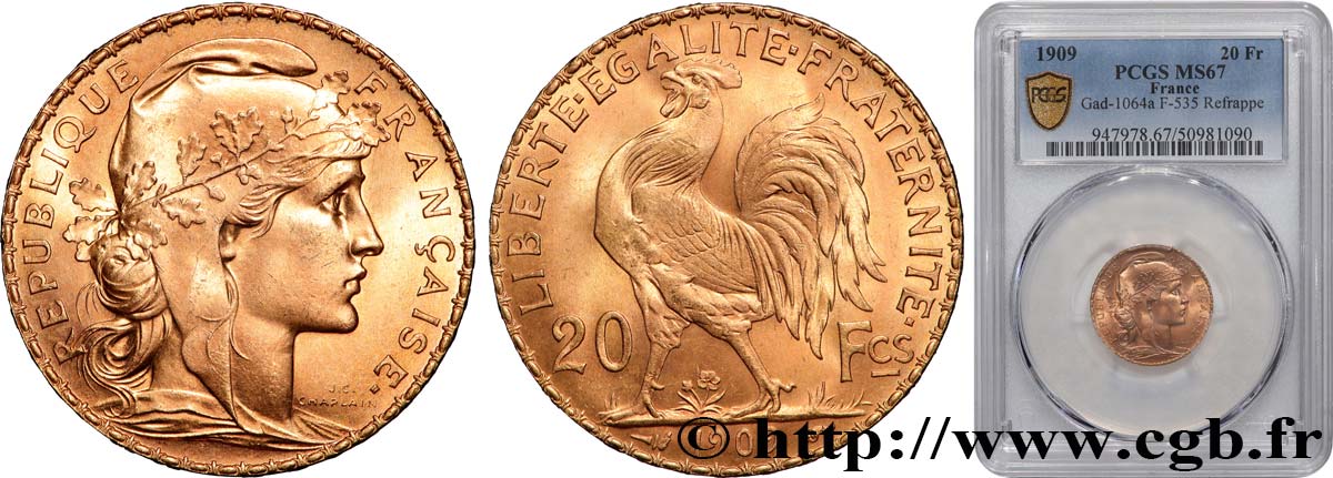 20 francs or Coq, Liberté Égalité Fraternité 1909 Paris F.535/3 FDC67 PCGS