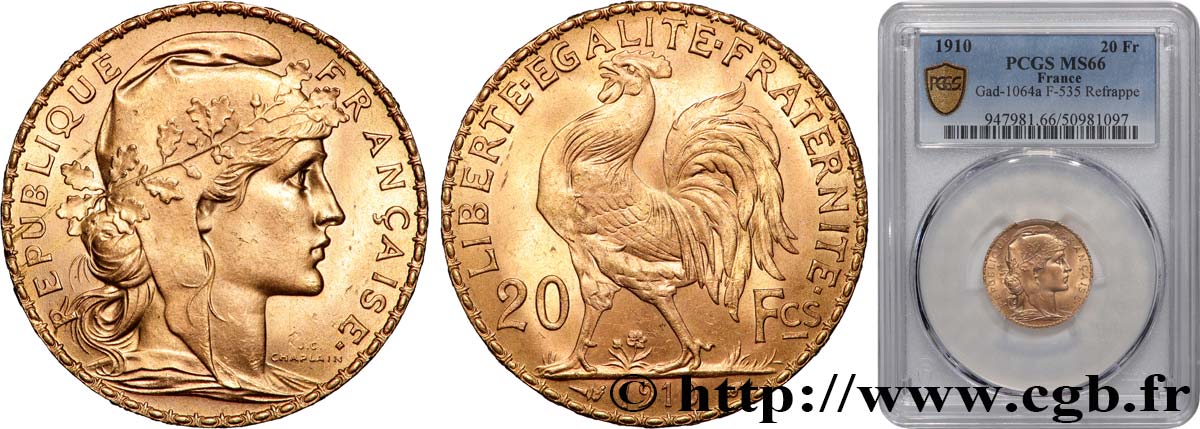 20 francs or Coq, Liberté Égalité Fraternité 1910 Paris F.535/4 MS66 PCGS