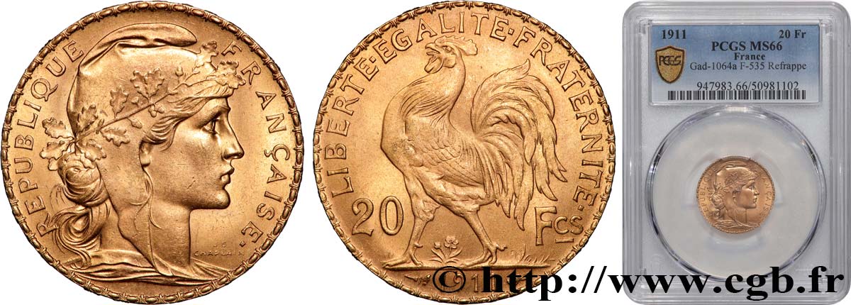 20 francs or Coq, Liberté Égalité Fraternité 1911 Paris F.535/5 MS66 PCGS