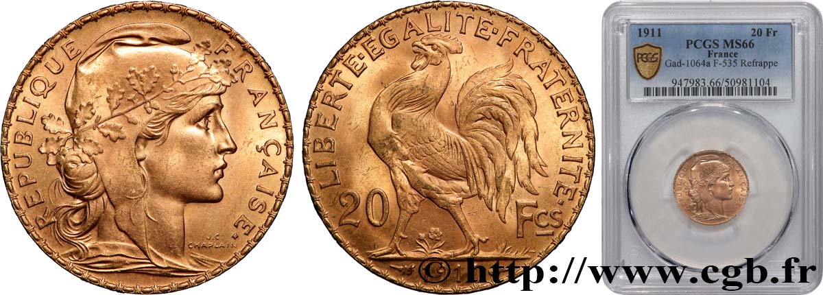 20 francs or Coq, Liberté Égalité Fraternité 1911 Paris F.535/5 MS66 PCGS