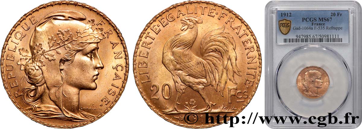 20 francs or Coq, Liberté Égalité Fraternité 1912 Paris F.535/6 MS67 PCGS