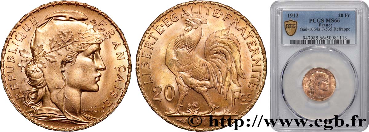 20 francs or Coq, Liberté Égalité Fraternité 1912 Paris F.535/6 FDC66 PCGS