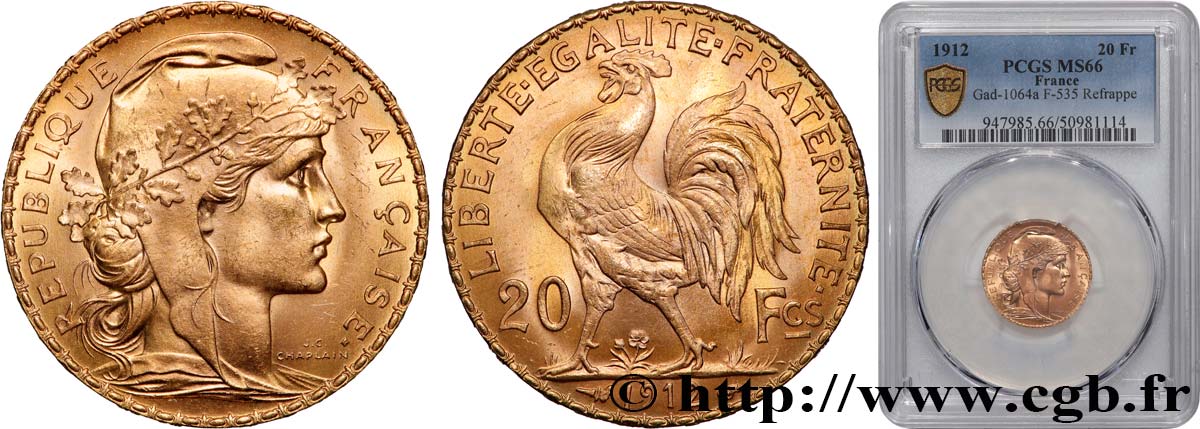 20 francs or Coq, Liberté Égalité Fraternité 1912 Paris F.535/6 FDC66 PCGS