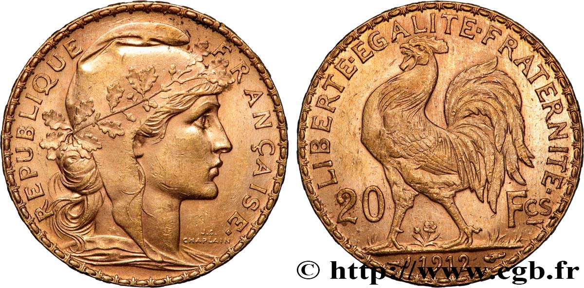 20 francs or Coq, Liberté Égalité Fraternité 1912 Paris F.535/6 SUP 