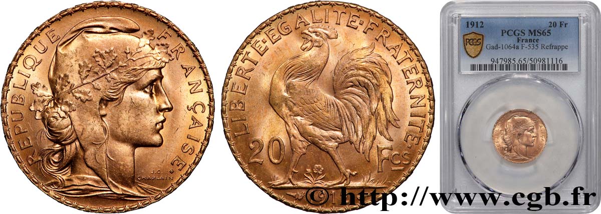 20 francs or Coq, Liberté Égalité Fraternité 1912 Paris F.535/6 MS65 PCGS