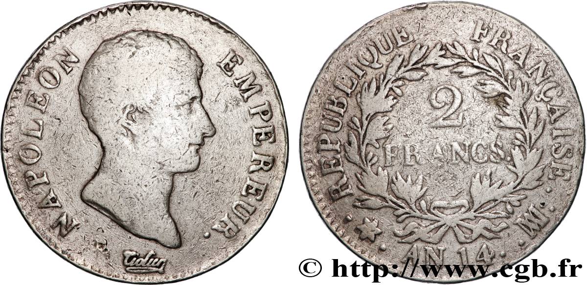 2 francs Napoléon Empereur, Calendrier révolutionnaire 1805 Marseille F.251/33 B+ 