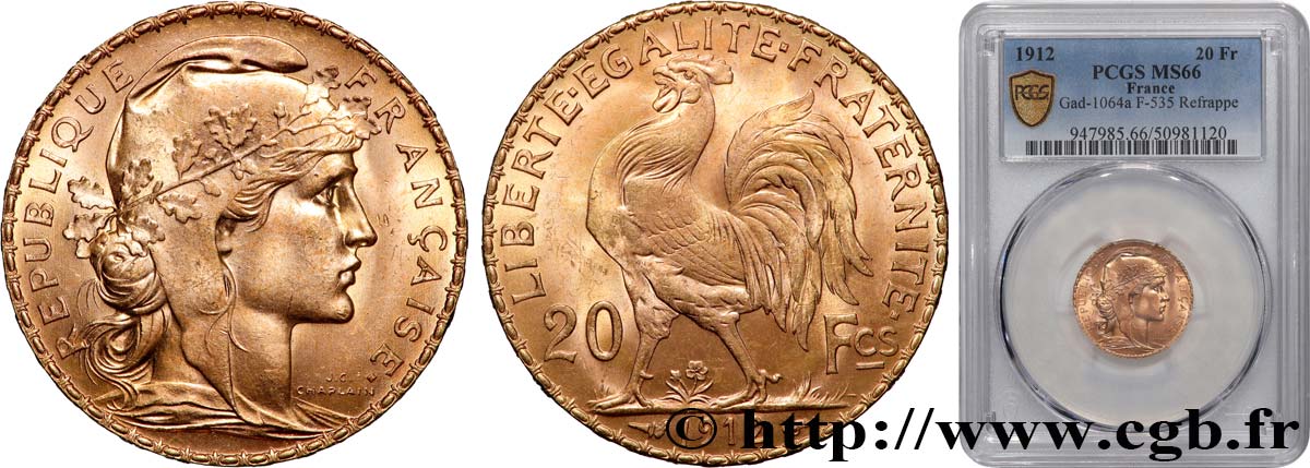 20 francs or Coq, Liberté Égalité Fraternité 1912 Paris F.535/6 ST66 PCGS