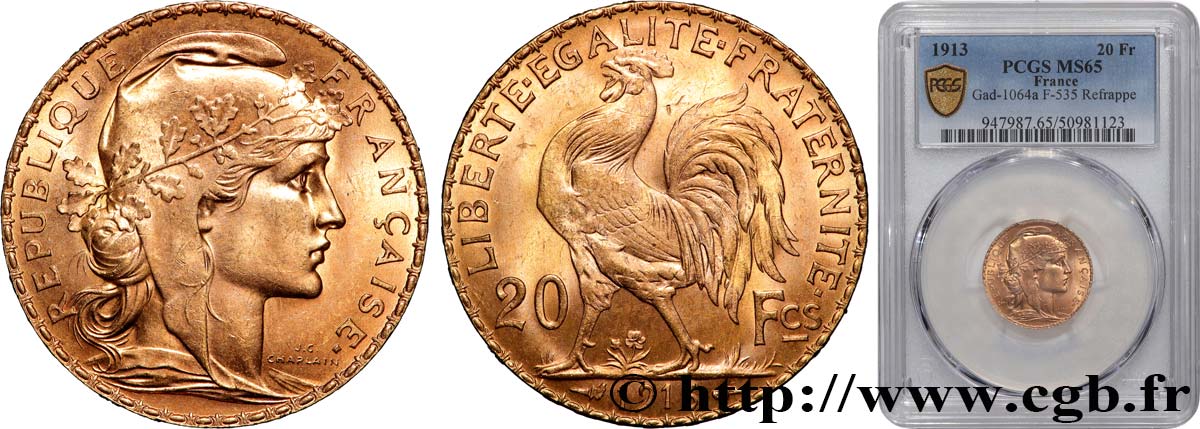 20 francs or Coq, Liberté Égalité Fraternité 1913 Paris F.535/7 ST65 PCGS