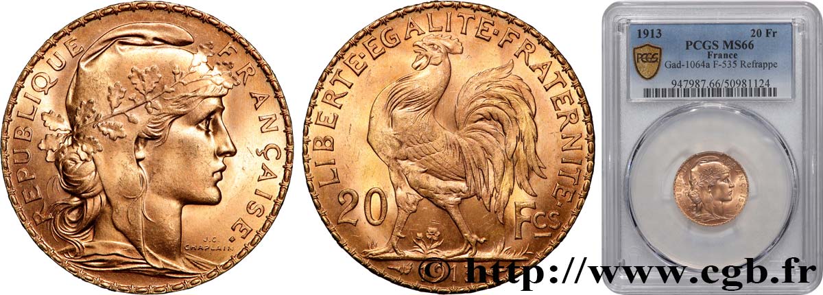 20 francs or Coq, Liberté Égalité Fraternité 1913 Paris F.535/7 MS66 PCGS