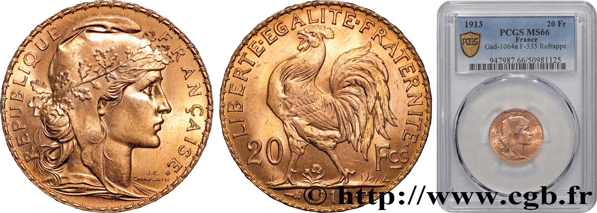 20 francs or Coq, Liberté Égalité Fraternité 1913 Paris F.535/7 FDC66 PCGS