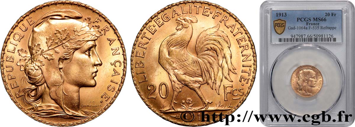 20 francs or Coq, Liberté Égalité Fraternité 1913 Paris F.535/7 MS66 PCGS