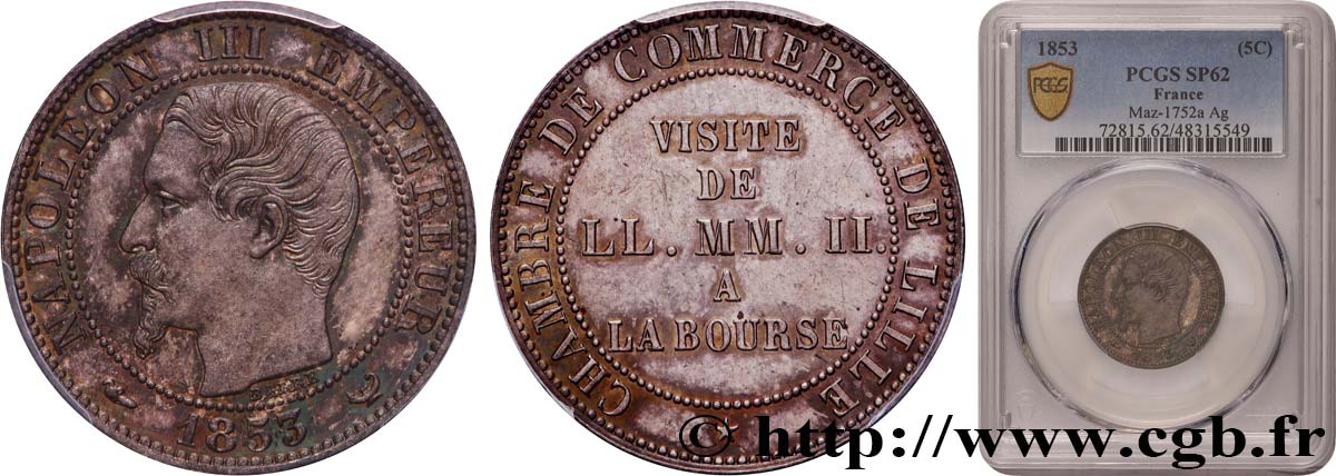 Module cinq centimes argent, visite impériale à Lille les 23 et 24 septembre 1853 Lille VG.3368  SUP62 PCGS