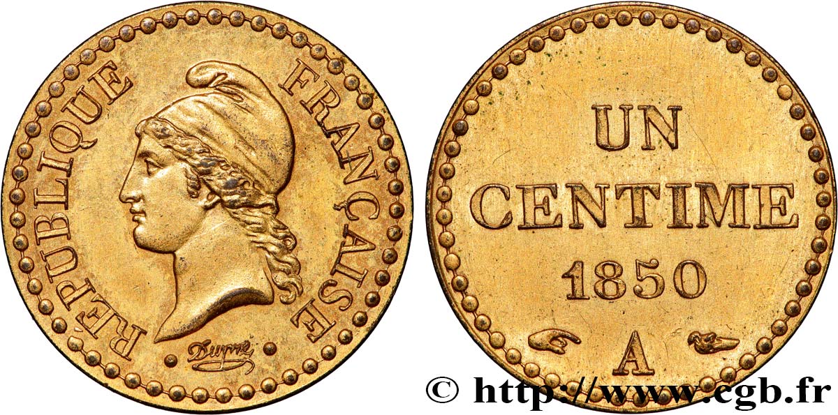 Un centime Dupré en laiton 1850 Paris F.101/5 var. SUP+ 