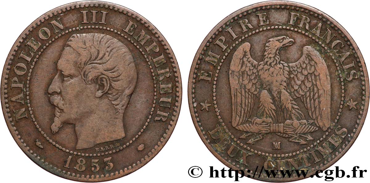 Deux centimes Napoléon III, tête nue 1853 Marseille F.107/7 TB 