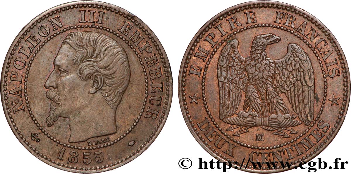 Deux centimes Napoléon III, tête nue 1855 Marseille F.107/35 BB53 