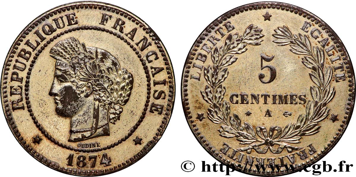 5 centimes Cérès, doré 1874 Paris F.118/9 var. TTB 