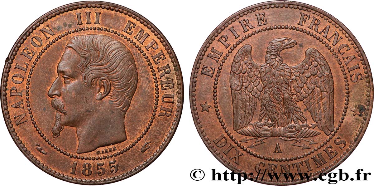 Dix centimes Napoléon III, tête nue 1855 Paris F.133/19 SPL62 