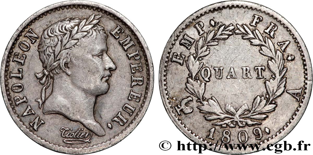 Quart (de franc) Napoléon Ier tête laurée, Empire français 1809 Paris F.162/1 BC+ 