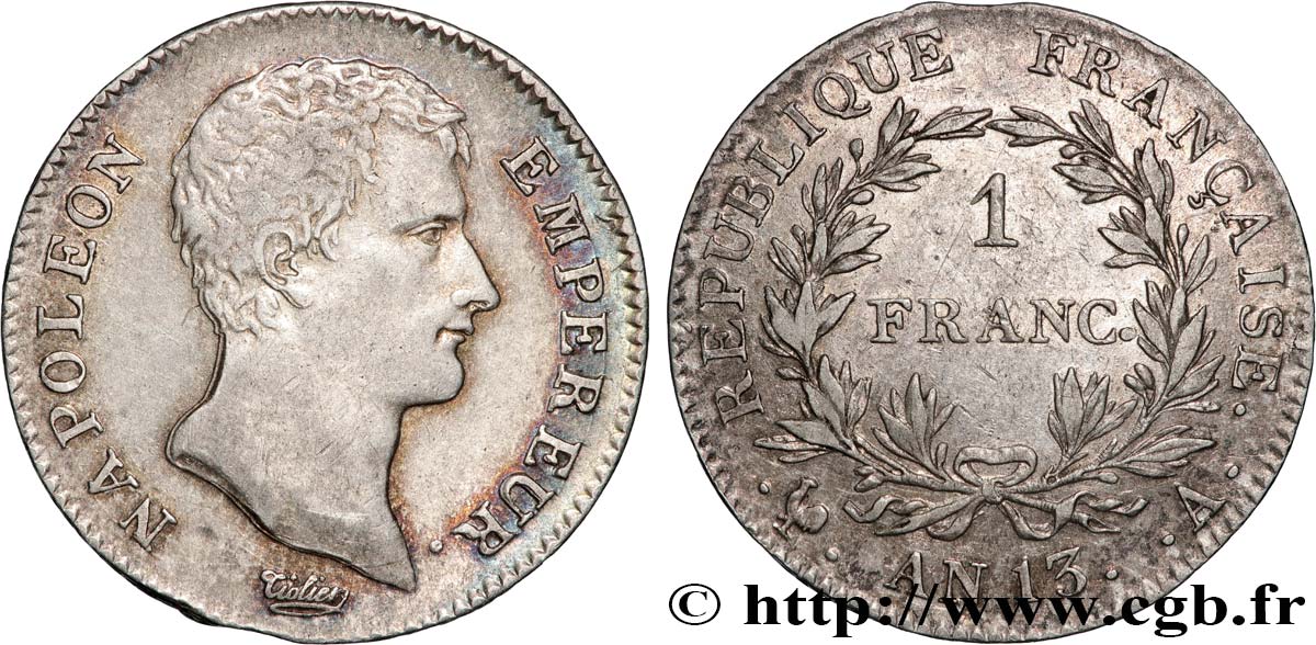 1 franc Napoléon Empereur, Calendrier révolutionnaire 1805 Paris F.201/14 BC+ 