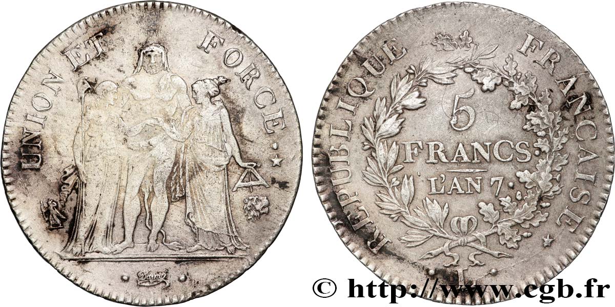 5 francs Union et Force, Union serré, seulement gland extérieur 1799 Bayonne F.288/112 TB+ 