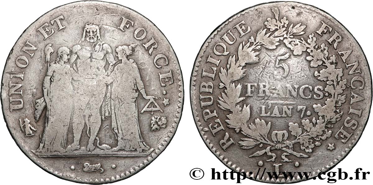 5 francs Union et Force, Union desserré, avec glands intérieurs et gland extérieur, Tranche Fautée hybride 1799 Bayonne F.291/26 TB 