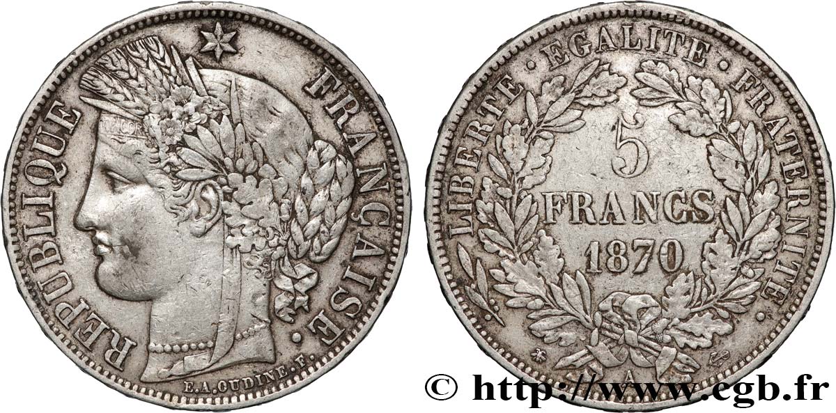 5 francs Cérès, avec légende 1870 Paris F.333/1 TB+ 