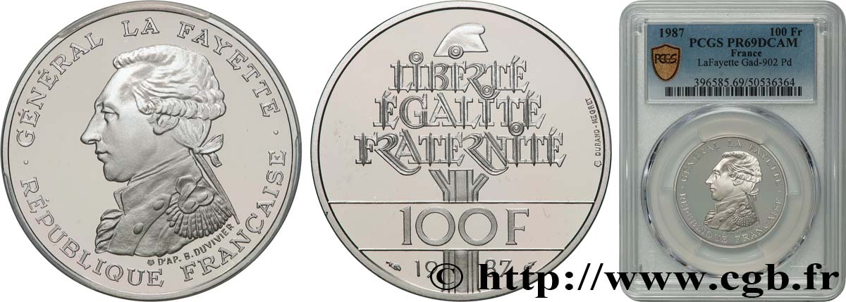 Belle Épreuve de 100 francs La Fayette en Palladium 1987 Pessac F5.1603 4 FDC69 PCGS