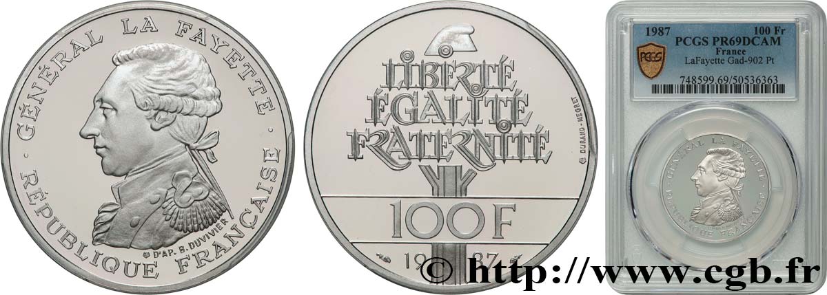 Belle Épreuve 100 francs Égalité - La Fayette en platine 1987  F.1603/1 FDC69 PCGS