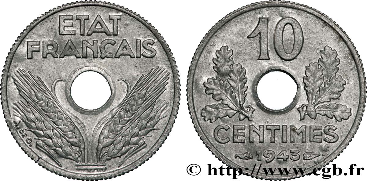 10 centimes État français, petit module 1943  F.142/2 SPL64 