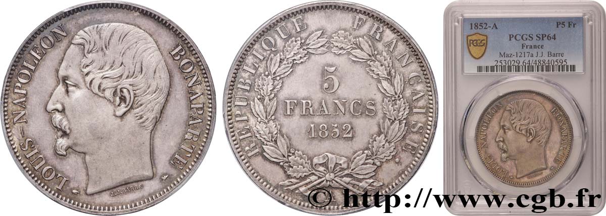 5 francs Louis-Napoléon, J.J. BARRE 1852 Paris F.328/1 fST64 PCGS