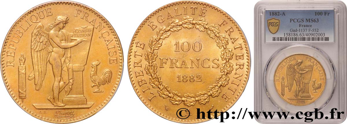 100 francs or Génie, tranche inscrite en relief Dieu protège la France 1882 Paris F.552/5 MS63 PCGS