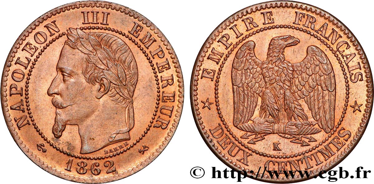 Deux centimes Napoléon III, tête laurée, buste définitif 1862 Bordeaux F.108A/7 EBC62 