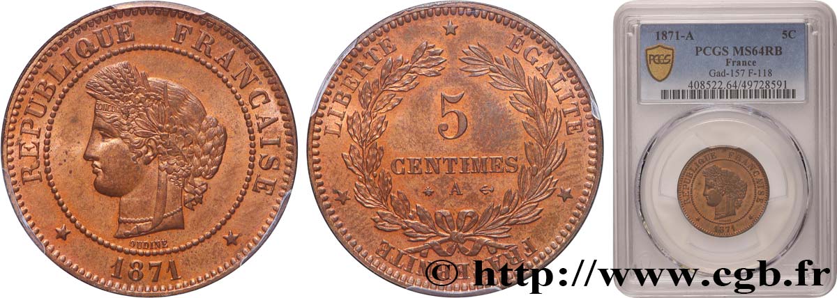 5 centimes Cérès 1871  Paris F.118/2 SPL64 PCGS