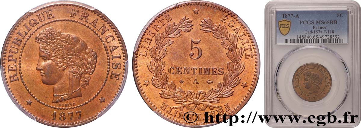 5 centimes Cérès 1877 Paris F.118/15 MS65 PCGS