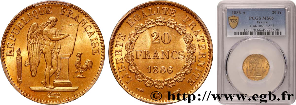 20 francs or Génie, IIIe République 1886 Paris F.533/9 FDC66 PCGS