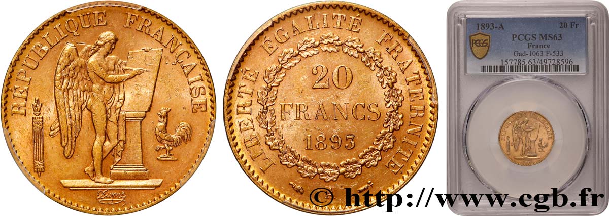 20 francs or Génie, Troisième République 1893 Paris F.533/17 SC63 PCGS