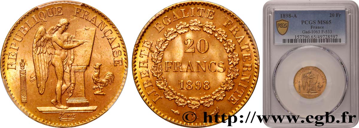 20 francs or Génie, Troisième République 1898 Paris F.533/23 FDC65 PCGS