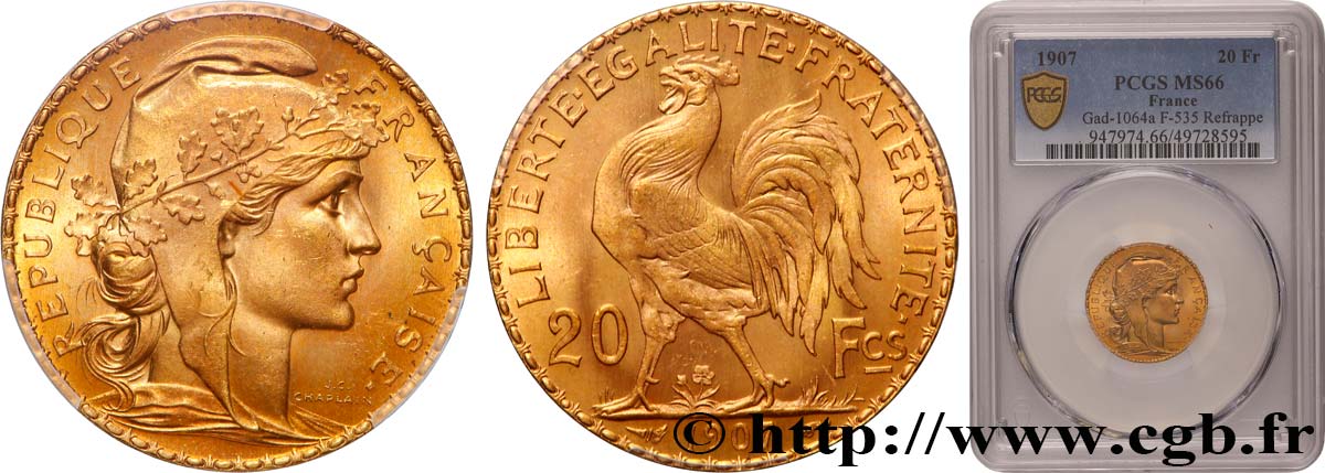 20 francs or Coq, Liberté Égalité Fraternité 1907 Paris F.535/1 MS66 PCGS