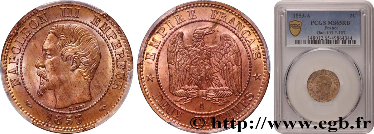 Deux centimes Napoléon III, tête nue 1853 Paris F.107/1 ST65 PCGS