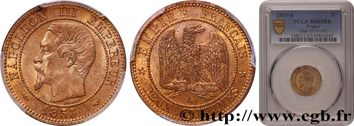 Deux centimes Napoléon III, tête nue 1853 Paris F.107/1 MS65 PCGS