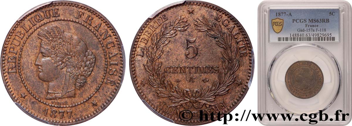 5 centimes Cérès 1877 Paris F.118/15 MS63 PCGS