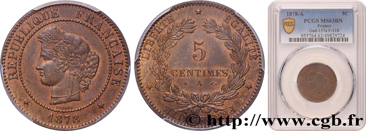 5 centimes Cérès 1878 Paris F.118/17 MS63 PCGS