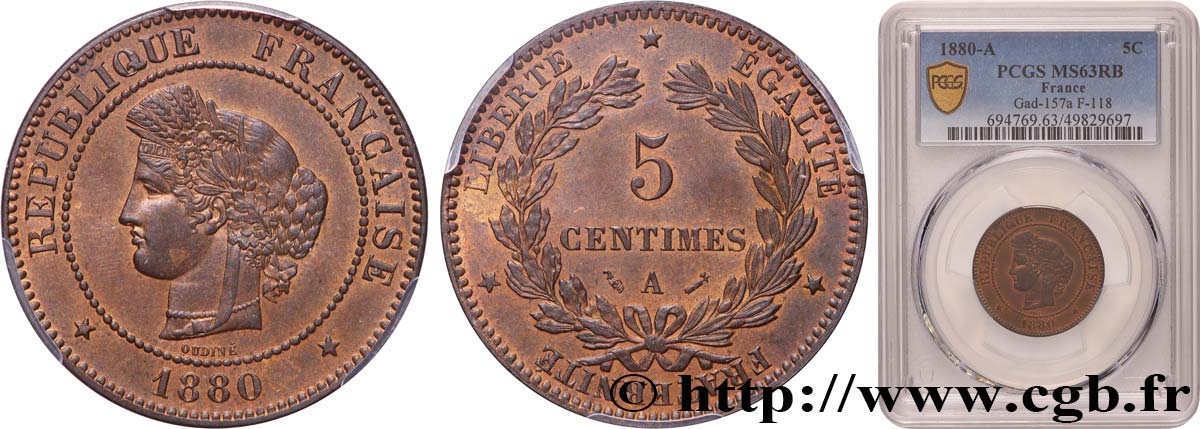 5 centimes Cérès 1880 Paris F.118/21 SPL63 PCGS