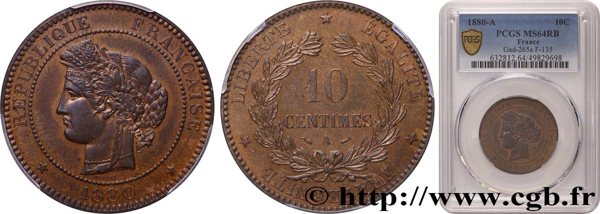 10 centimes Cérès 1880 Paris F.135/24 SPL64 PCGS