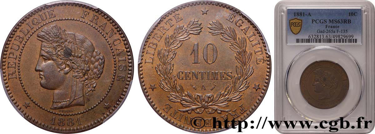 10 centimes Cérès 1881 Paris F.135/25 SPL63 PCGS