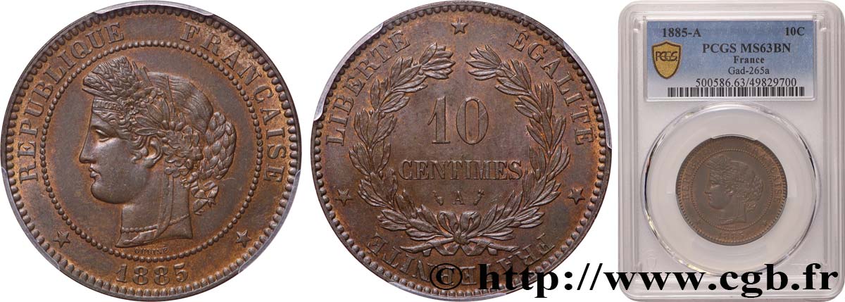 10 centimes Cérès 1885 Paris F.135/29 SPL63 PCGS