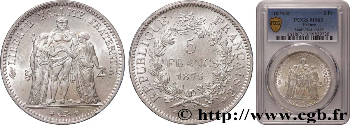 5 francs Hercule 1875 Bordeaux F.334/16 SC63 PCGS