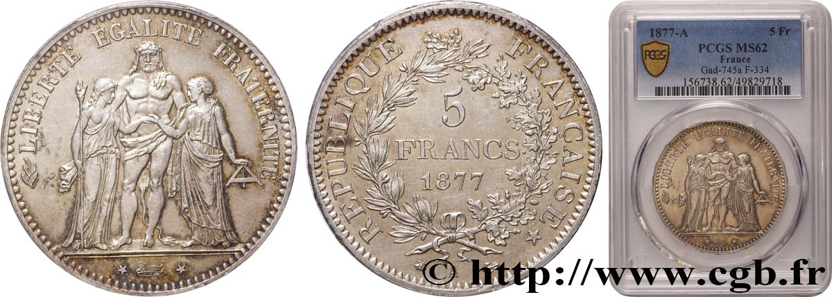 5 francs Hercule 1877 Paris F.334/19 SPL62 PCGS